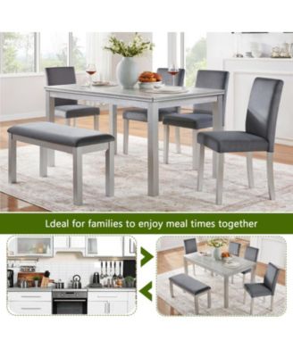 sumyeg 6-Piece Silver Grey Crystal Accent Wood Dining Set with Rectangular Table 4 Upholstered Chairs and Bench