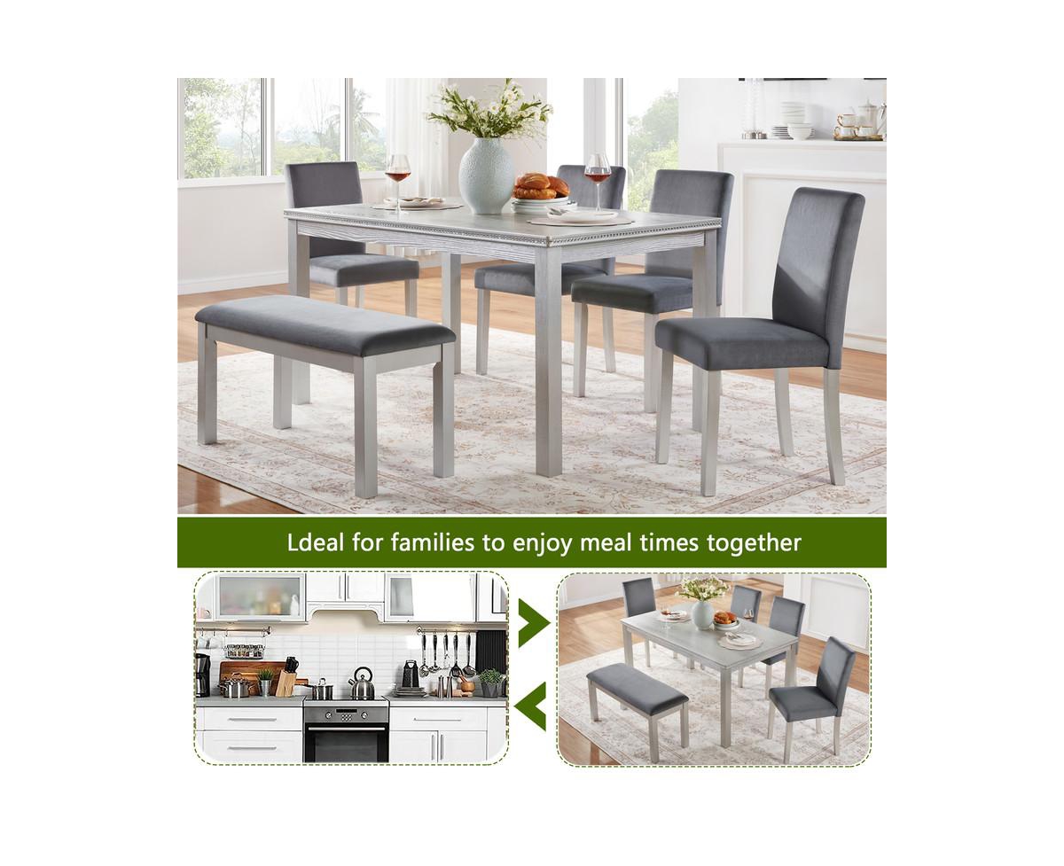 sumyeg 6-Piece Silver Grey Crystal Accent Wood Dining Set with Rectangular Table 4 Upholstered Chairs and Bench