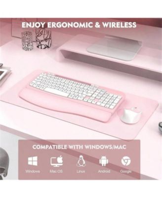 Wireless Keyboard and Mouse Combo - Full-Sized Keyboard with Cushioned Palm Rest, Phone Holder, 2.4G Cordless Set for Computer, Laptop, PC - Pink
