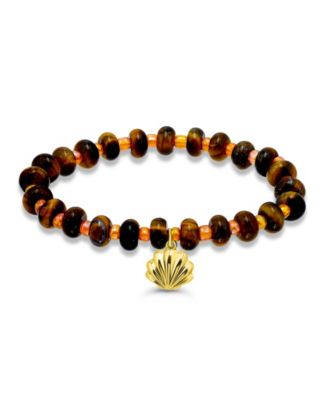 Tigers Eye Rondelle Beads and Clamshell Drop Charm Beaded Gold Plated Stretch Bracelet