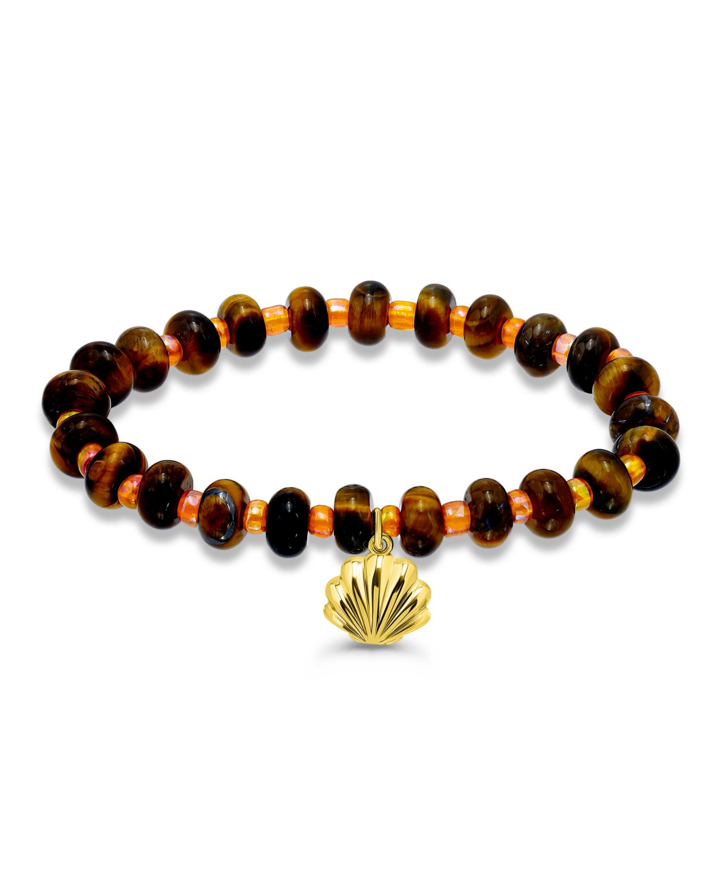 Tigers Eye Rondelle Beads and Clamshell Drop Charm Beaded Gold Plated Stretch Bracelet