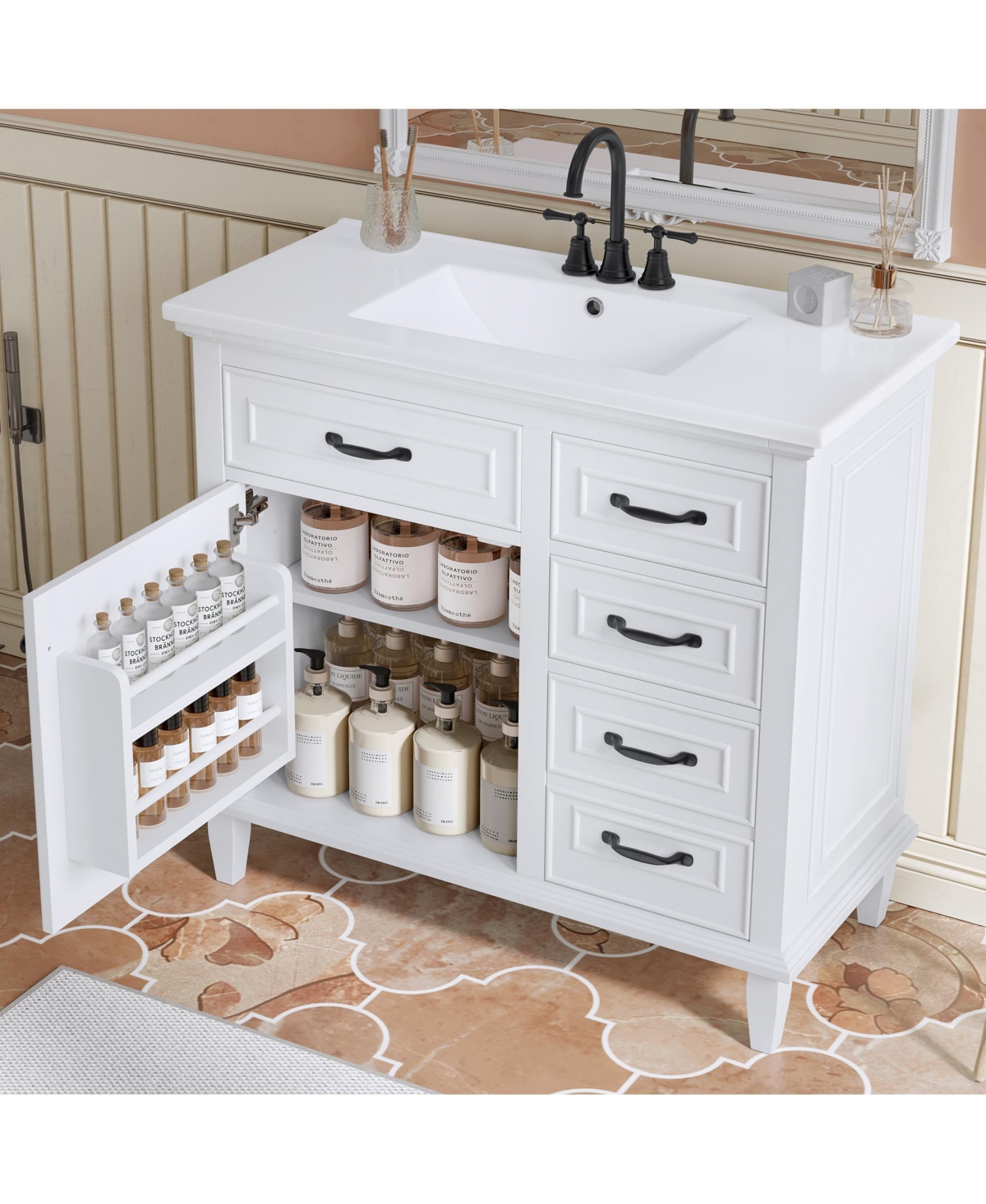 Casainc Freestanding Bathroom Vanity with Ceramic Sink Flip Drawers and Adjustable Shelf