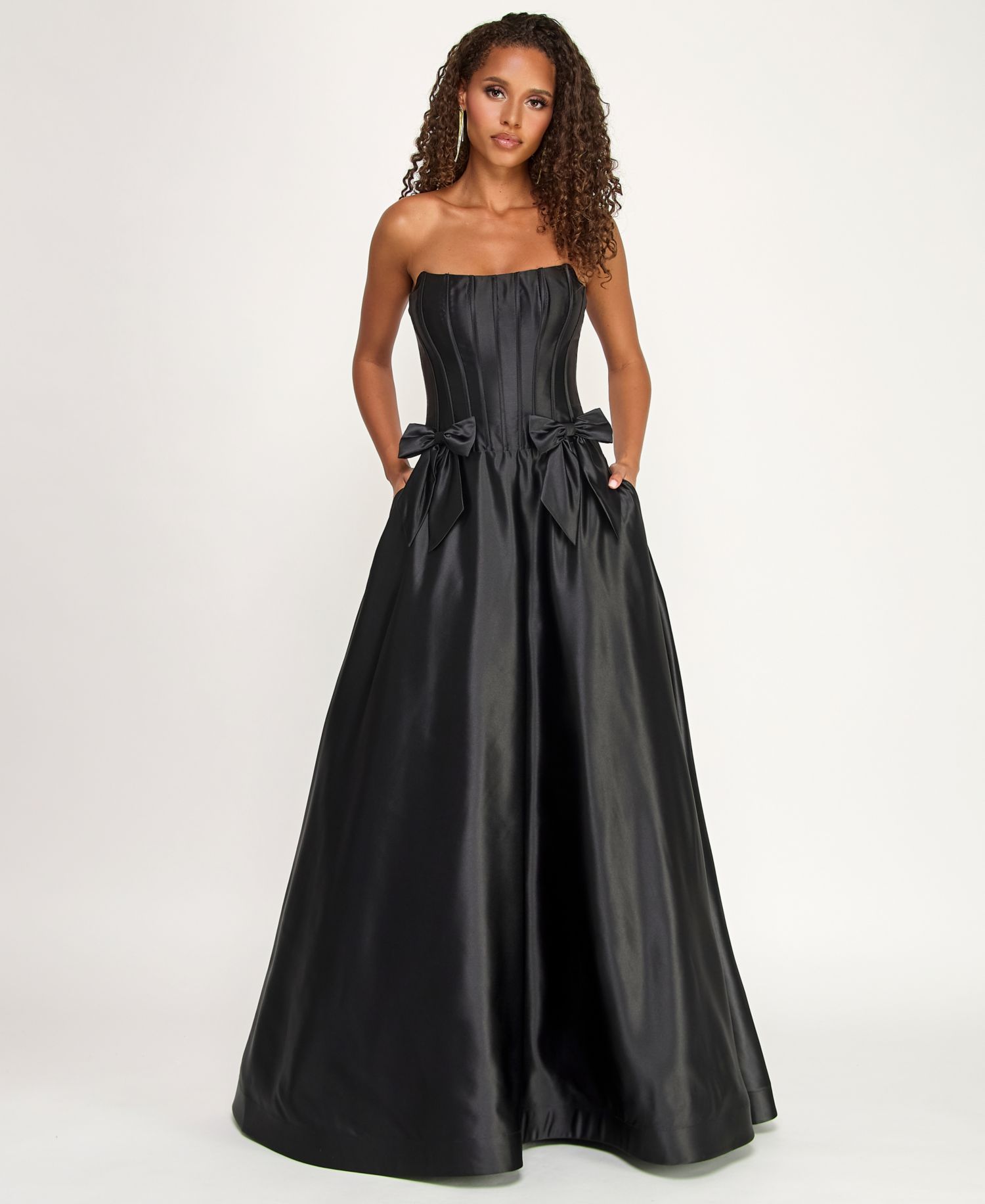 Juniors Strapless Satin Ball Gown with Waist Bows and Corset Bodice