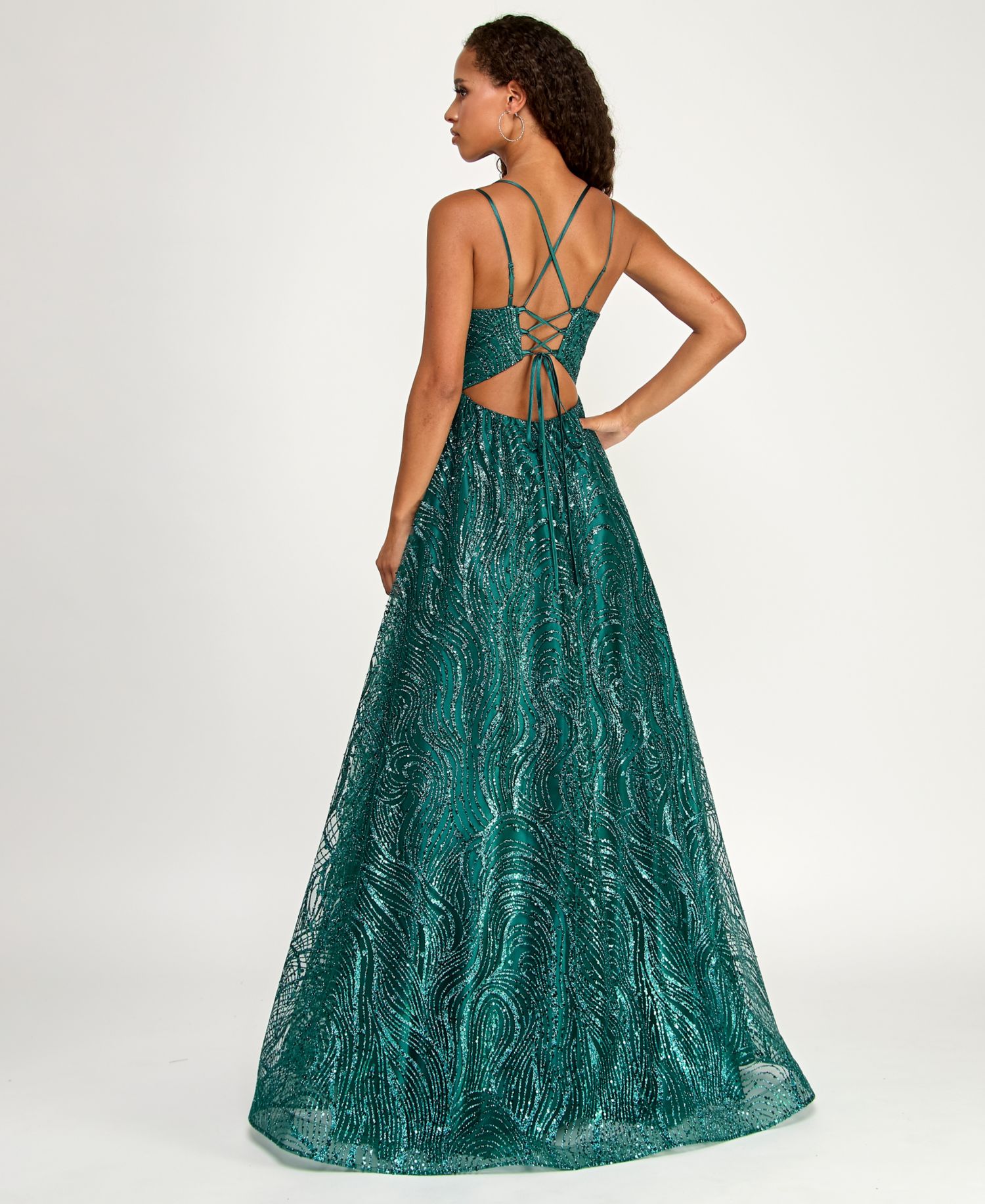 Juniors' Spaghetti Strap V Neck Glitter Pattern Gown with Lace Up Back