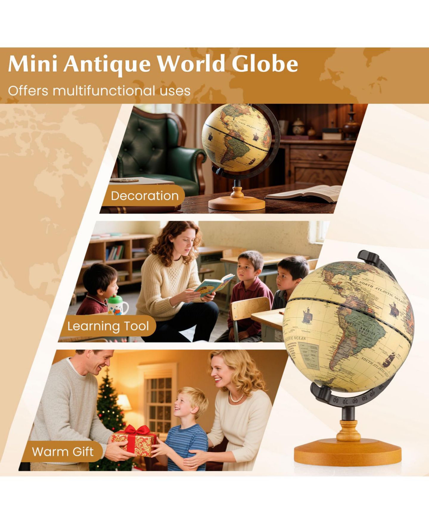 Детская игрушка SUGIFT Antique 5.5" Rotating World Globe, Ages 3+, цвет: Коричневый — фото 7