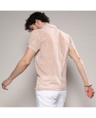 Men's Beige Washed Flowers Seld-Design Shirt