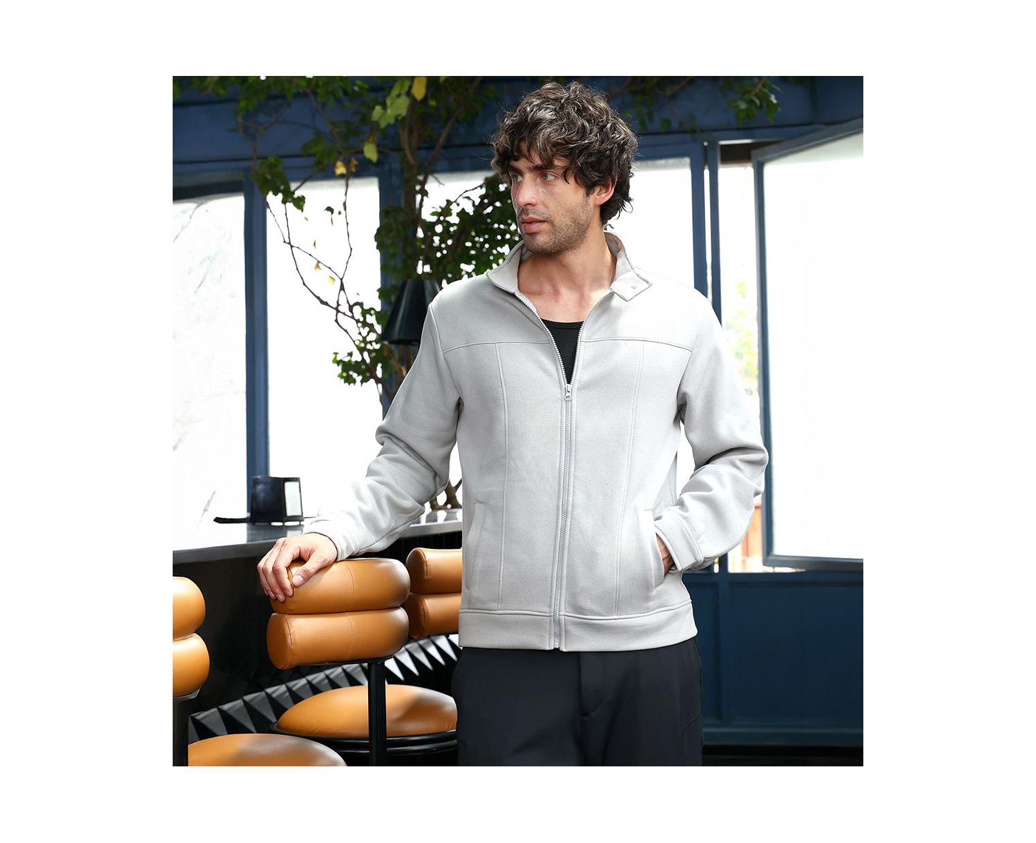 Men's Cloud Grey Panel-Stitch Knit Jacket