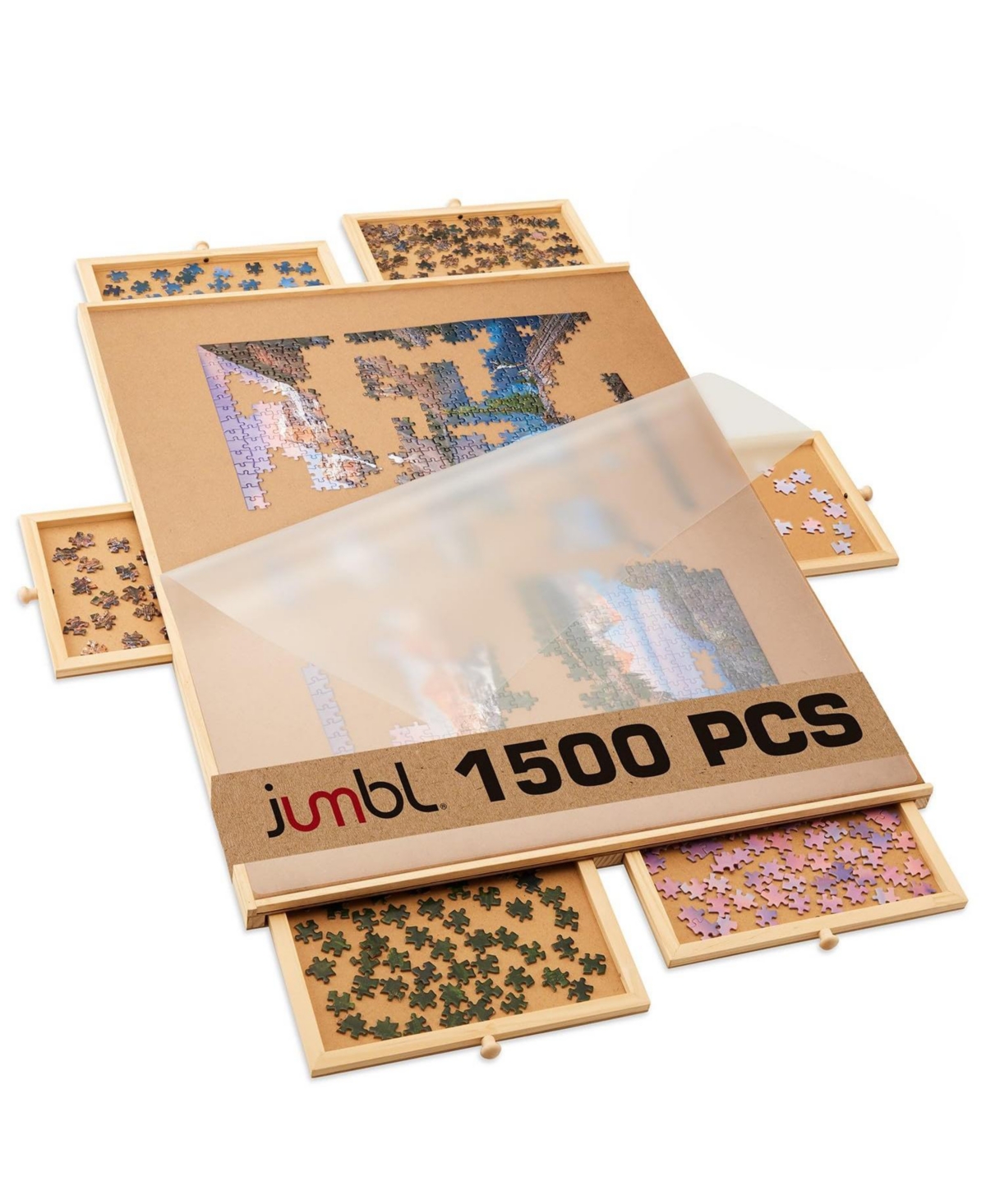 Jumbl 1500-Piece Puzzle Board with Drawers, Lazy Susan & Cover - Rotating Wooden Jigsaw Puzzle Table