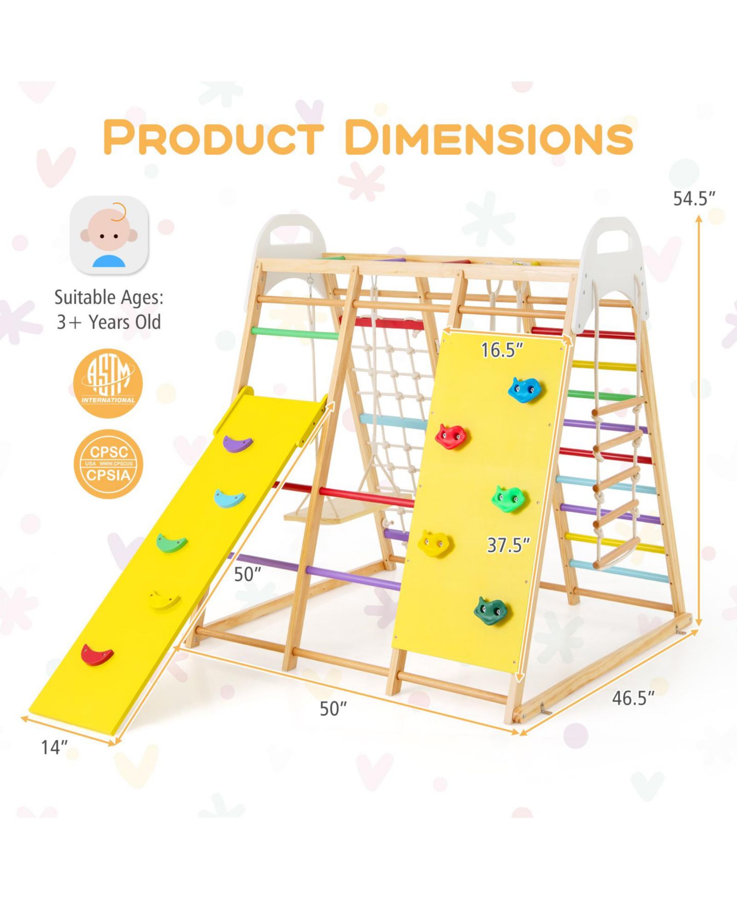 Детский игровой набор HONGGE 8-in-1 Wooden Jungle Gym Playset with Slide, Monkey Bars, and Climbing Wall, цвет: Жёлтый натуральный белый — фото 3