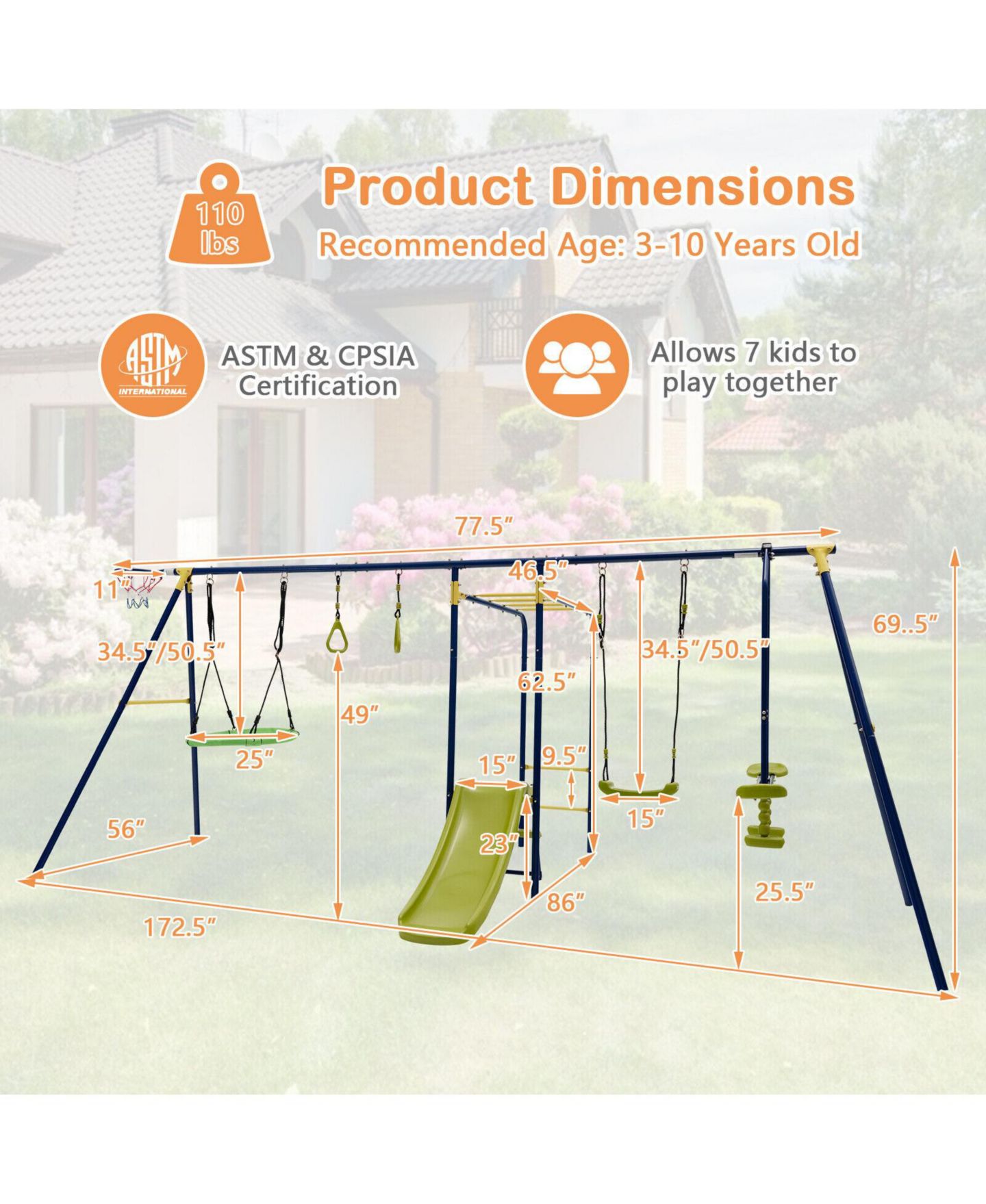 Детские игрушки HONGGE 7-in-1 Metal Swing Set with Slide, Monkey Bar & Hoop, Ages 3-10 — фото 2