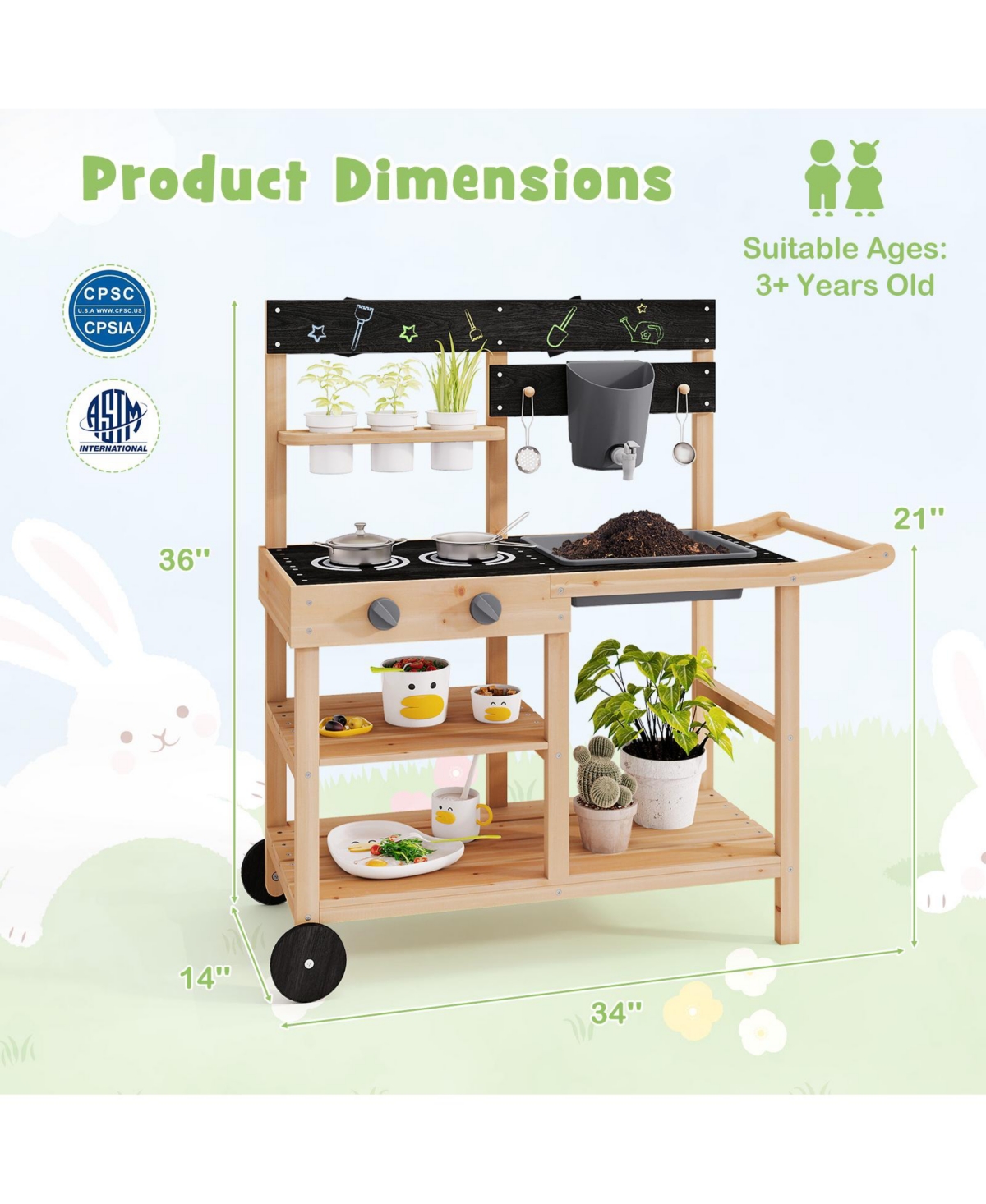 Hongge Kids Outdoor Wooden Mud Kitchen Playset with Faucet Sink Chalkboard and Storage