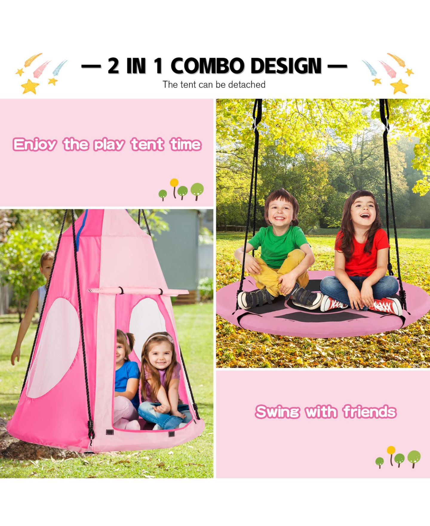 Детские игрушки SKONYON 2-in-1 Hanging Chair and Play Tent, 2-Piece Set, Ages 3-10, цвет: Розовый — фото 10