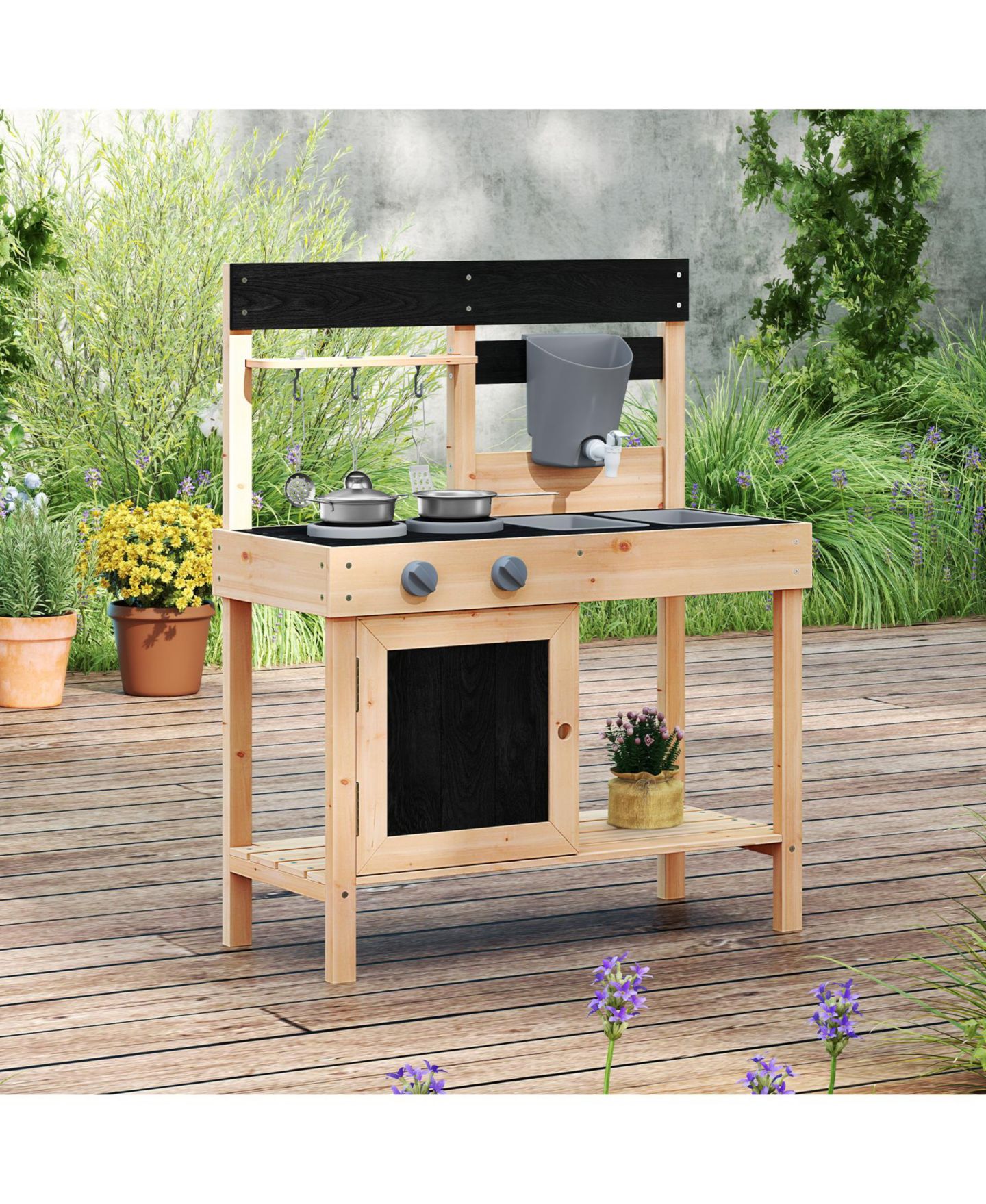 Детский игровой набор SKONYON Wooden Outdoor Mud Kitchen Working Water Faucet 8-Piece Playset, Ages 3+, цвет: Натуральный — фото 6