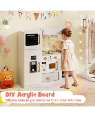 Wooden Kids Kitchen Playset with Chalkboard Ice Maker Sink Lighted Microwave-White