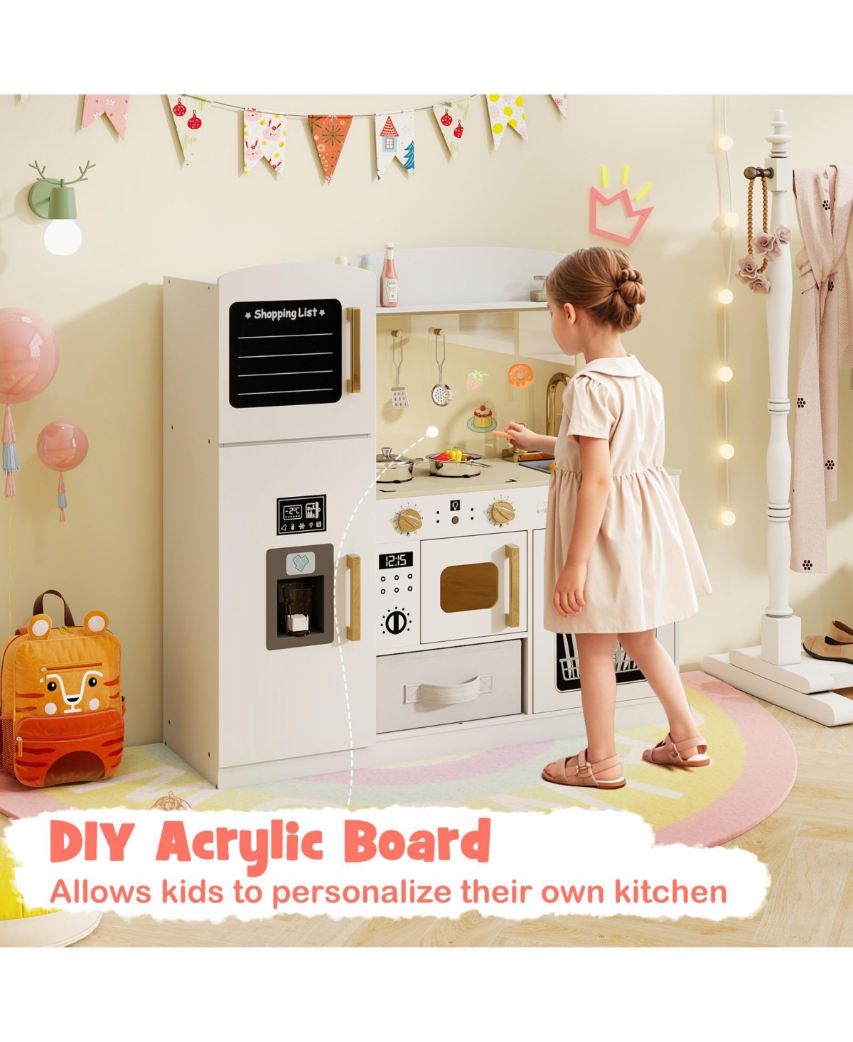 Skonyon Wooden Kids Kitchen Playset with Chalkboard Ice Maker Sink Lighted Microwave-White