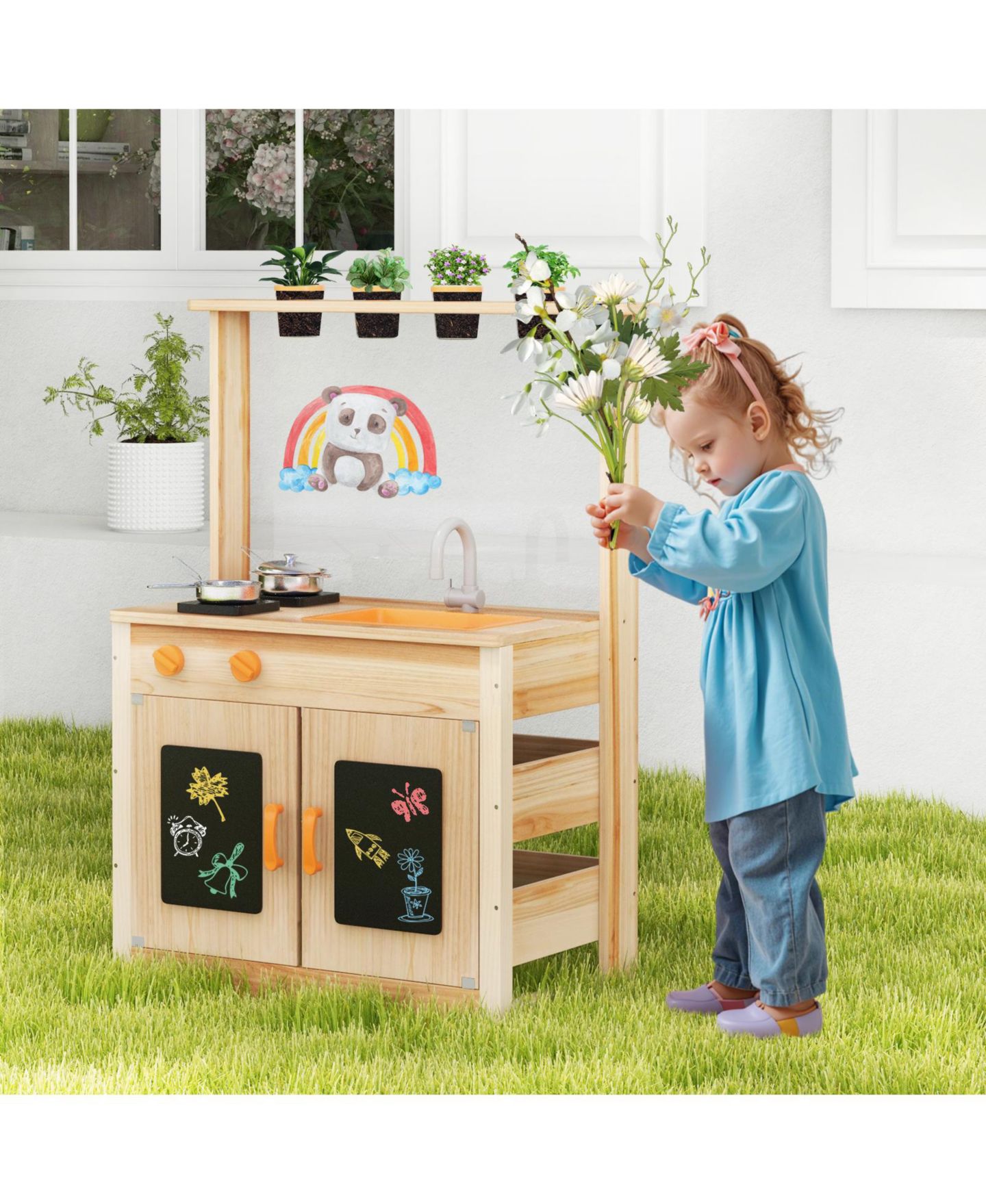 Детский игровой набор SKONYON Outdoor Wooden Mud Kitchen Playset, Ages 3+, цвет: Натуральный — фото 3