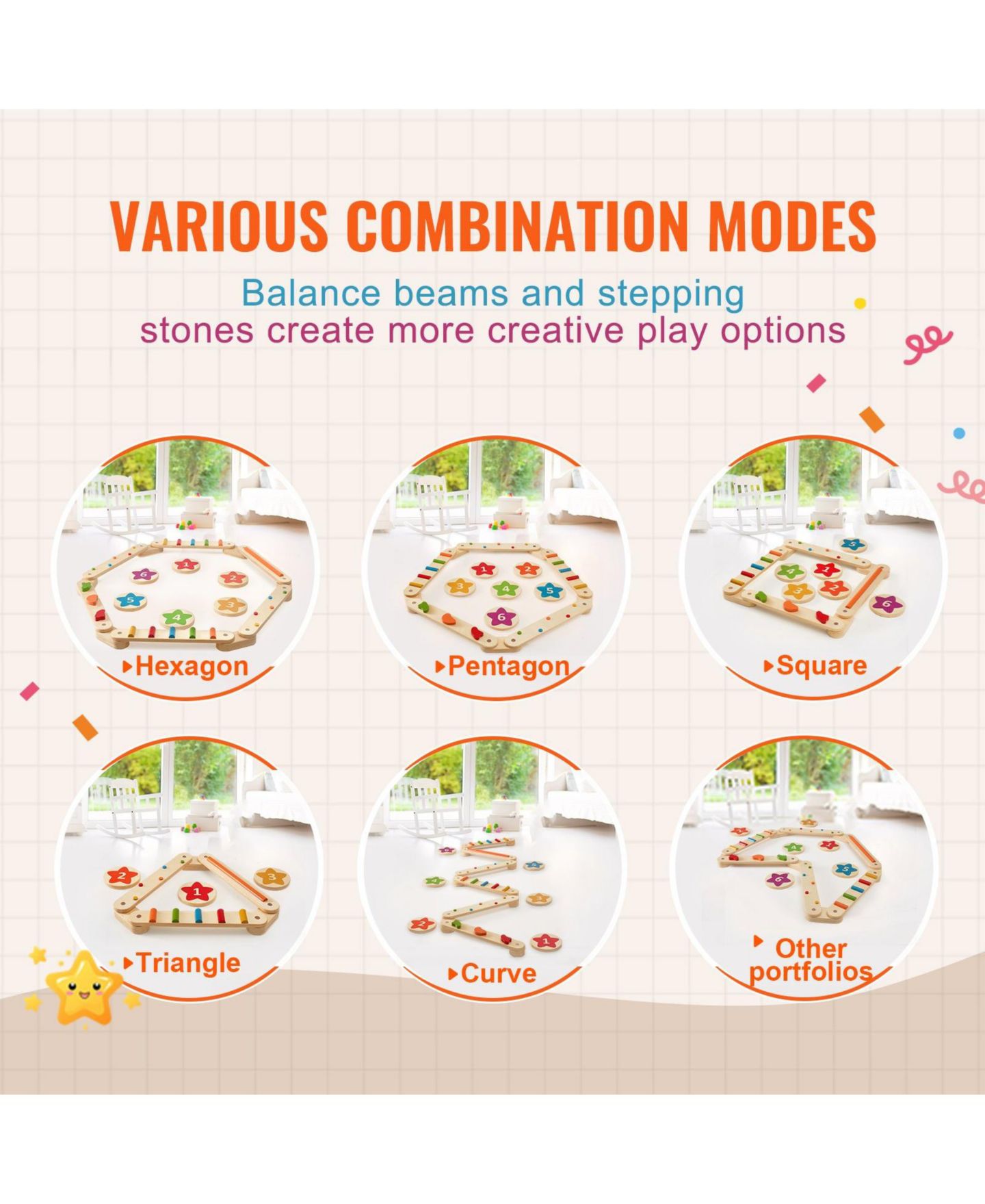 Детские игрушки Mecale 6-Piece Dual-Sided Wooden Balance Beam & Stepping Stones Set, Ages 2+, цвет: Серый — фото 5