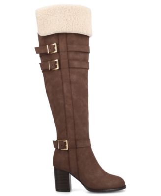 Journee Womens Alyza Buckle Detail Over-the-Knee Inside Zipper Almond Toe Comfort Sherpa Boots