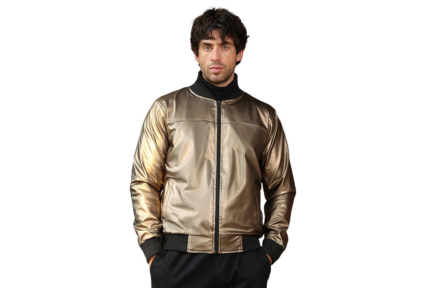 Men's Antique Bronze Patent-Panel Bomber Jacket