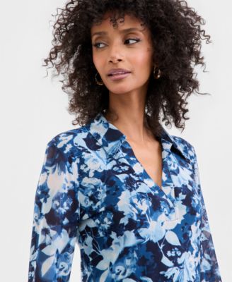 Women's Long-Sleeve Printed Mesh Collared Top
