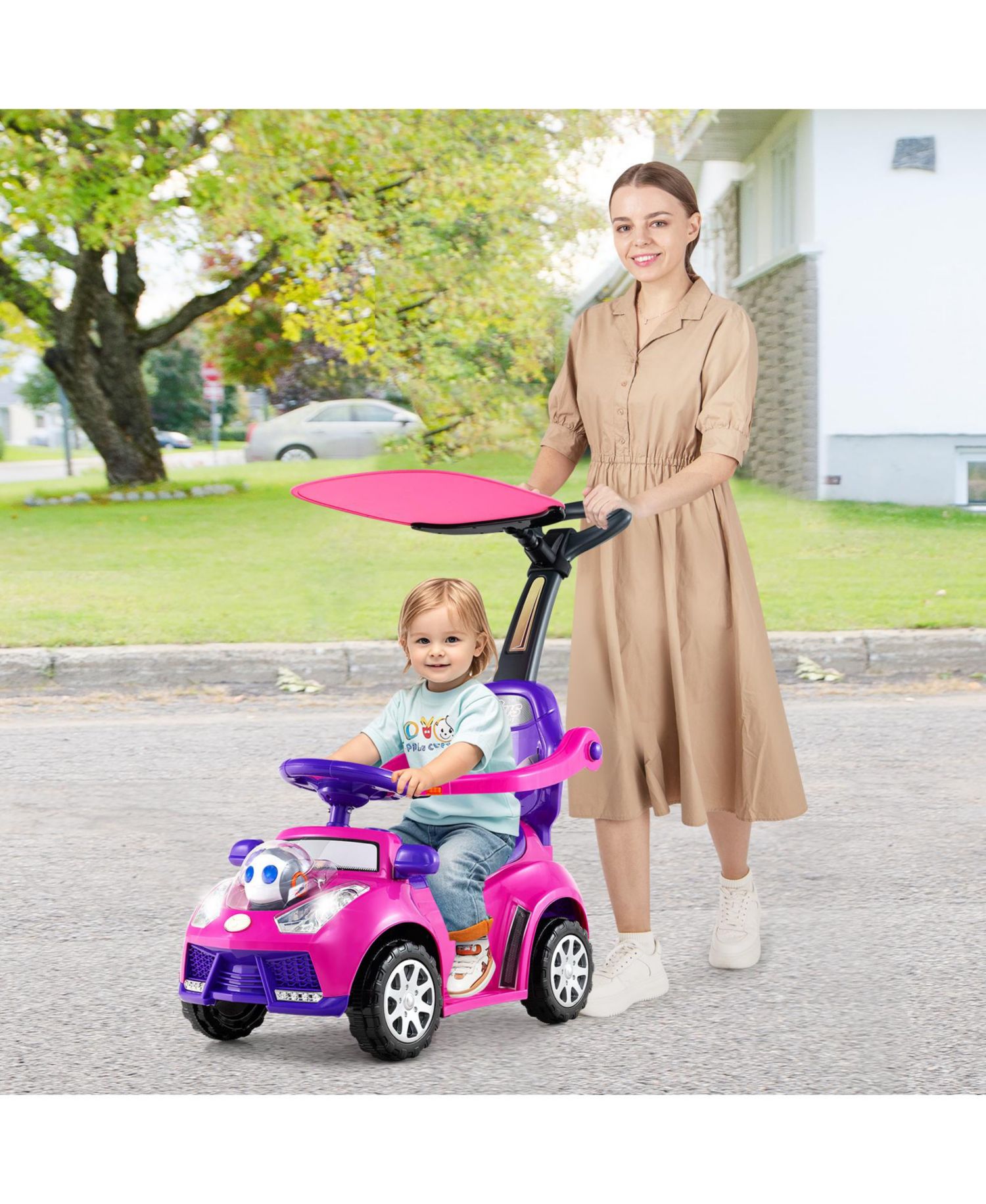 3-in-1 Sliding Walker w/ Adjustable Canopy Horn Music & Light for Boys & Girls