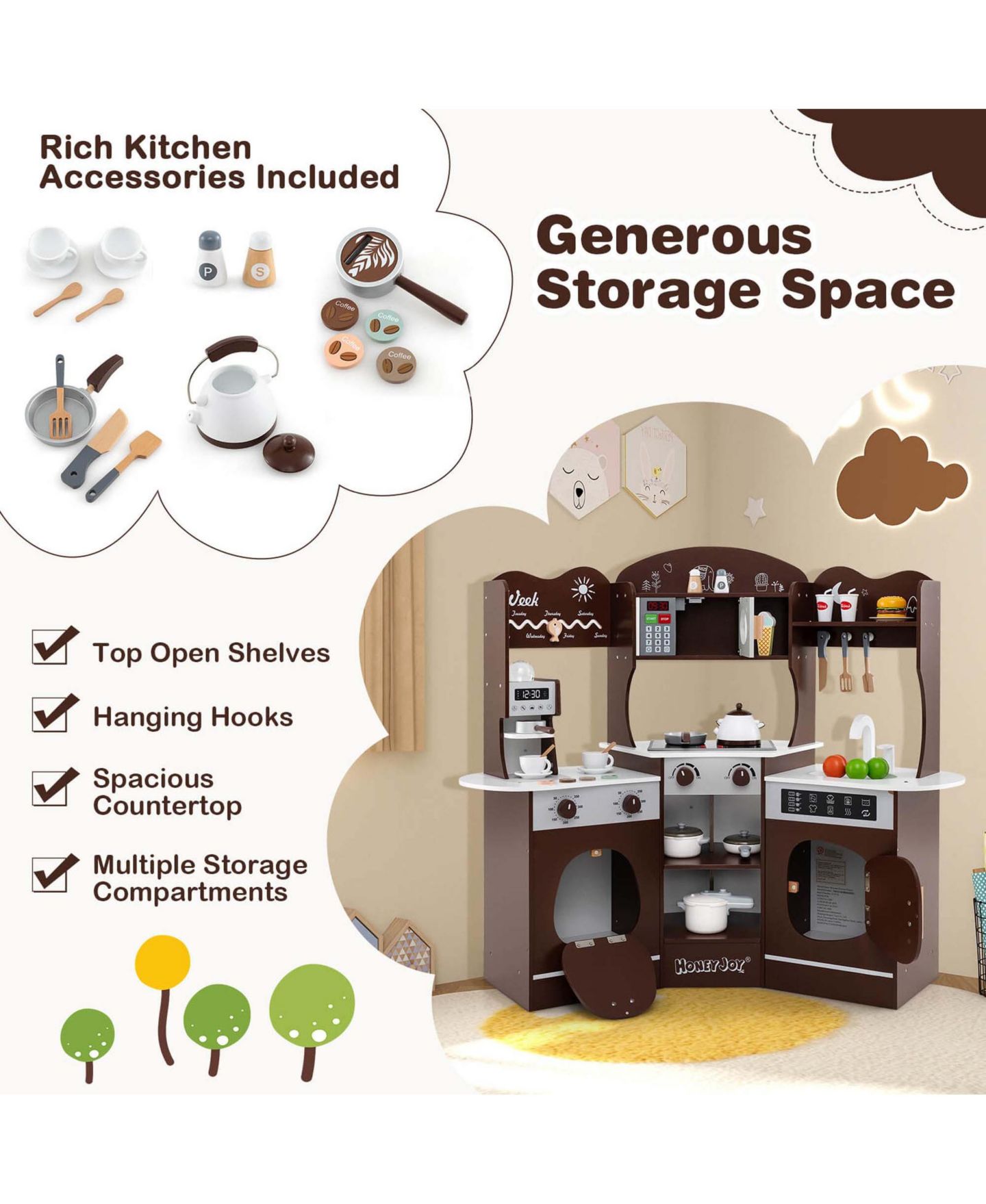Детский игровой набор Costway Corner Kitchen Playset with Coffee Machine, 12-Piece, Ages 3+, цвет: Коричневый — фото 6