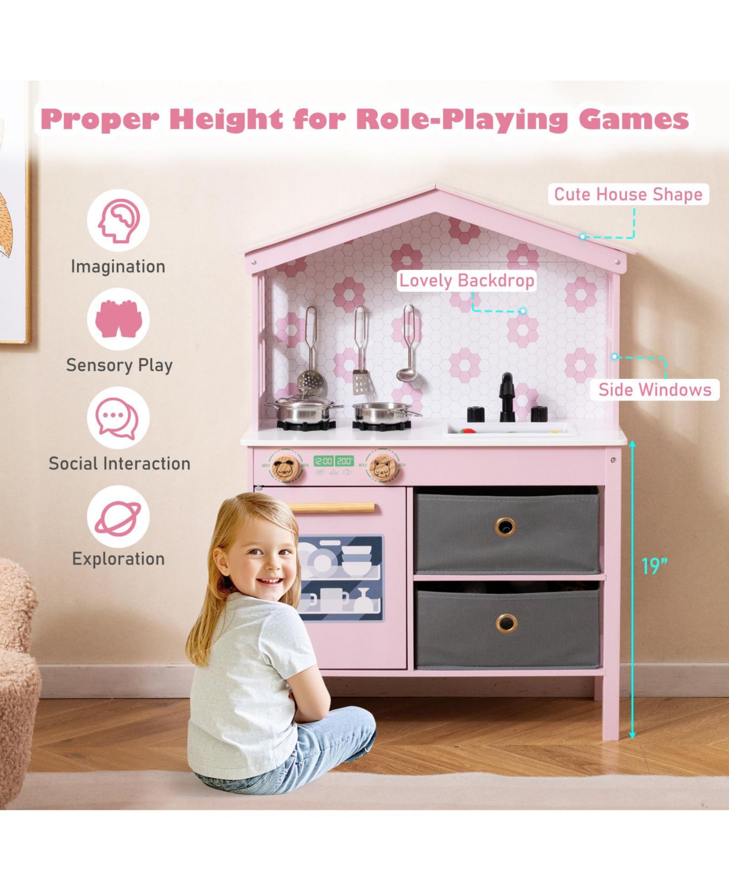 Детские игрушки Gymax 2-Stove Clickable-Knob Kids Play Kitchen, 7-Piece Set, Ages 3-6, цвет: Розовый — фото 5