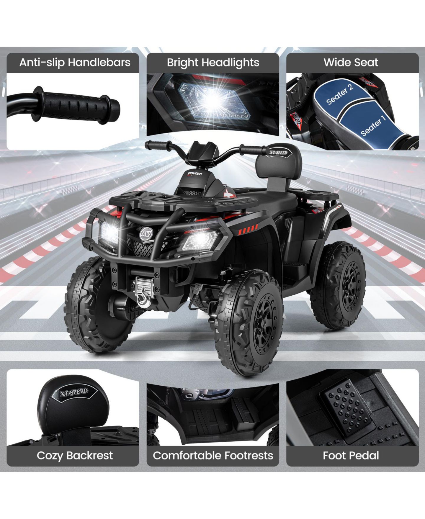 Детская игрушка Gymax 24V 2-Seater 4-Wheel Electric Quad with 4 Motors, Ages 3-8, цвет: Чёрный — фото 7