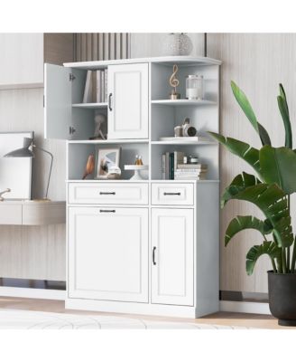 Tall Freestanding Storage Cabinet with Drawers Doors and Adjustable Shelves in White
