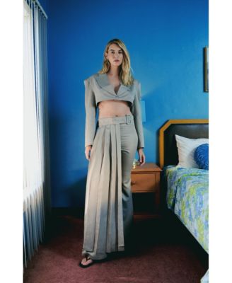 Women's Linen-Blend Shiny Woven Belted Skirt