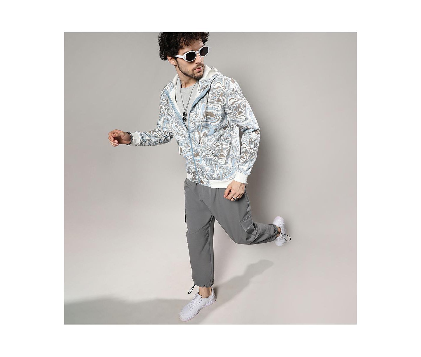 Мужское худи Cahoot Icy Blue and Olive Green Contrast Fluid Zip Front, цвет: Серый — фото 6
