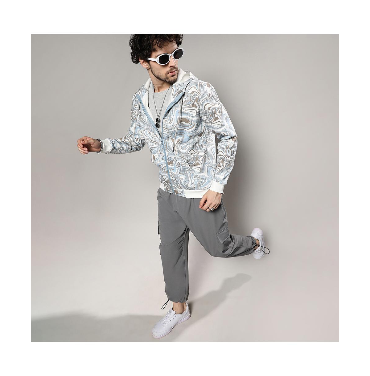 Campus Sutra Men's Icy Blue & Olive Green Contrast Fluid Zip Front Hoodie