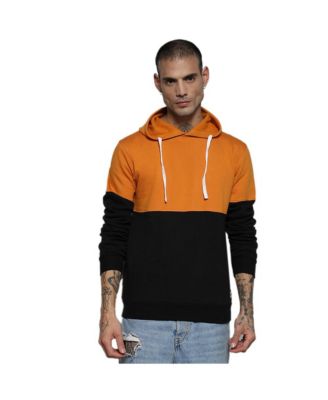 Men's Black & Mustard Yellow Pullover Hoodie With Ribbed Hem