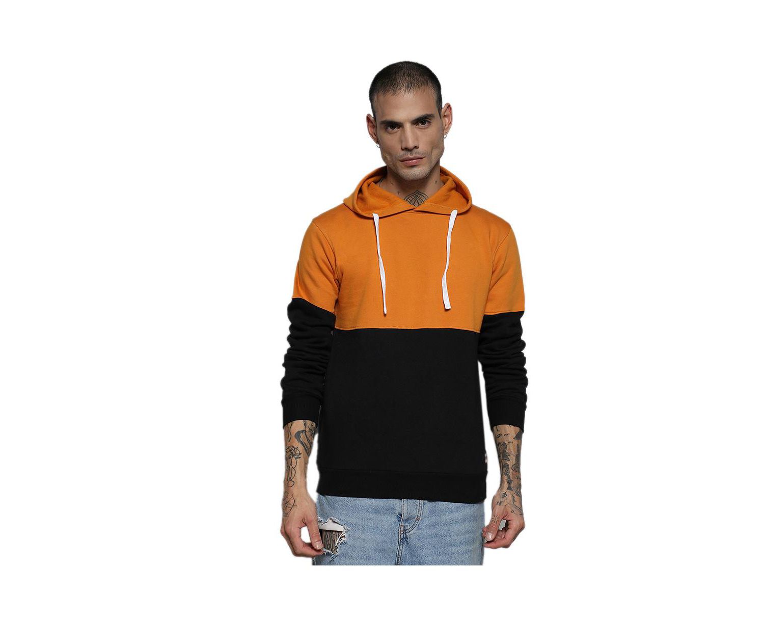 Men's Black & Mustard Yellow Pullover Hoodie With Ribbed Hem