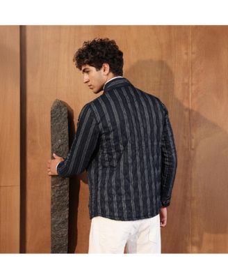Men's Navy Blue Woven-Striped Quilted Jacket
