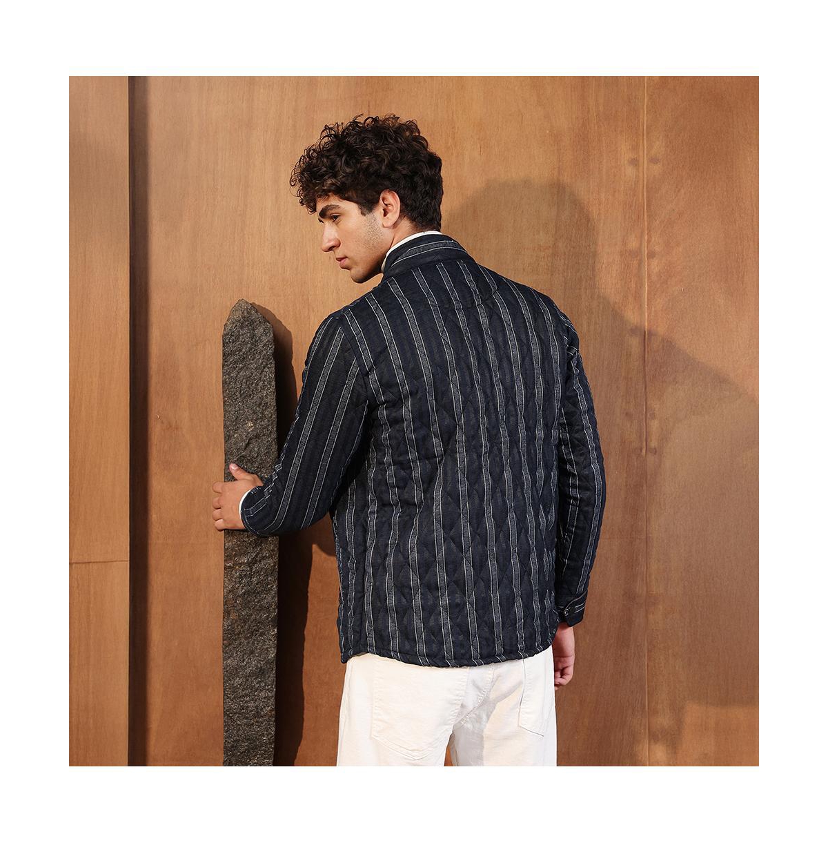 Campus Sutra Men's Navy Blue Woven-Striped Quilted Jacket