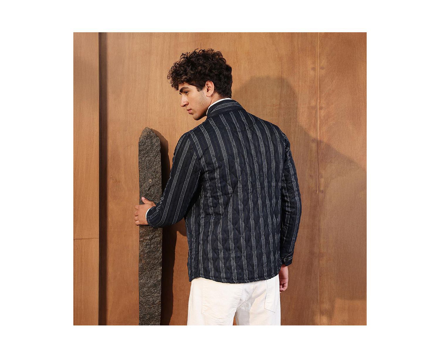 Men's Navy Blue Woven-Striped Quilted Jacket
