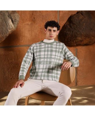 Men's Olive Green Plaid-Jacquard Knit Pullover Sweater