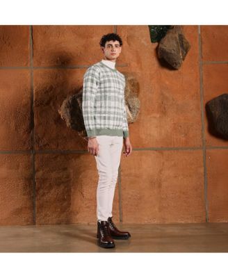 Men's Olive Green Plaid-Jacquard Knit Pullover Sweater