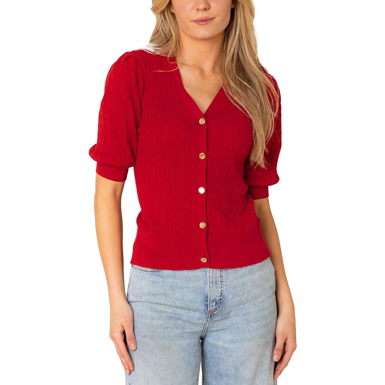 Women's Hope and Henry Organic Puff Sleeve Button Front Sweater