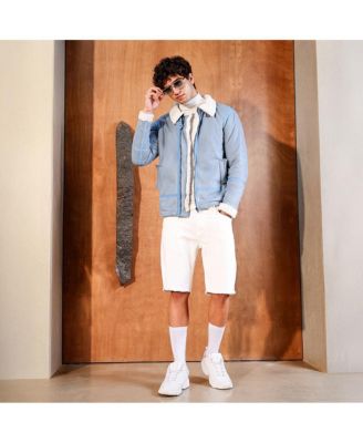 Men's Powder Blue Contrast Sherpa-Lined Suede Rider Jacket