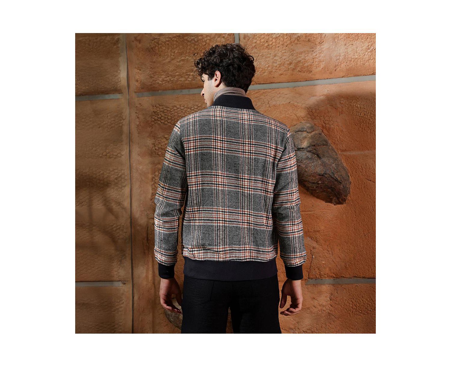 Men's Midnight Black & Chocolate Brown Tartan-Plaid Bomber Jacket