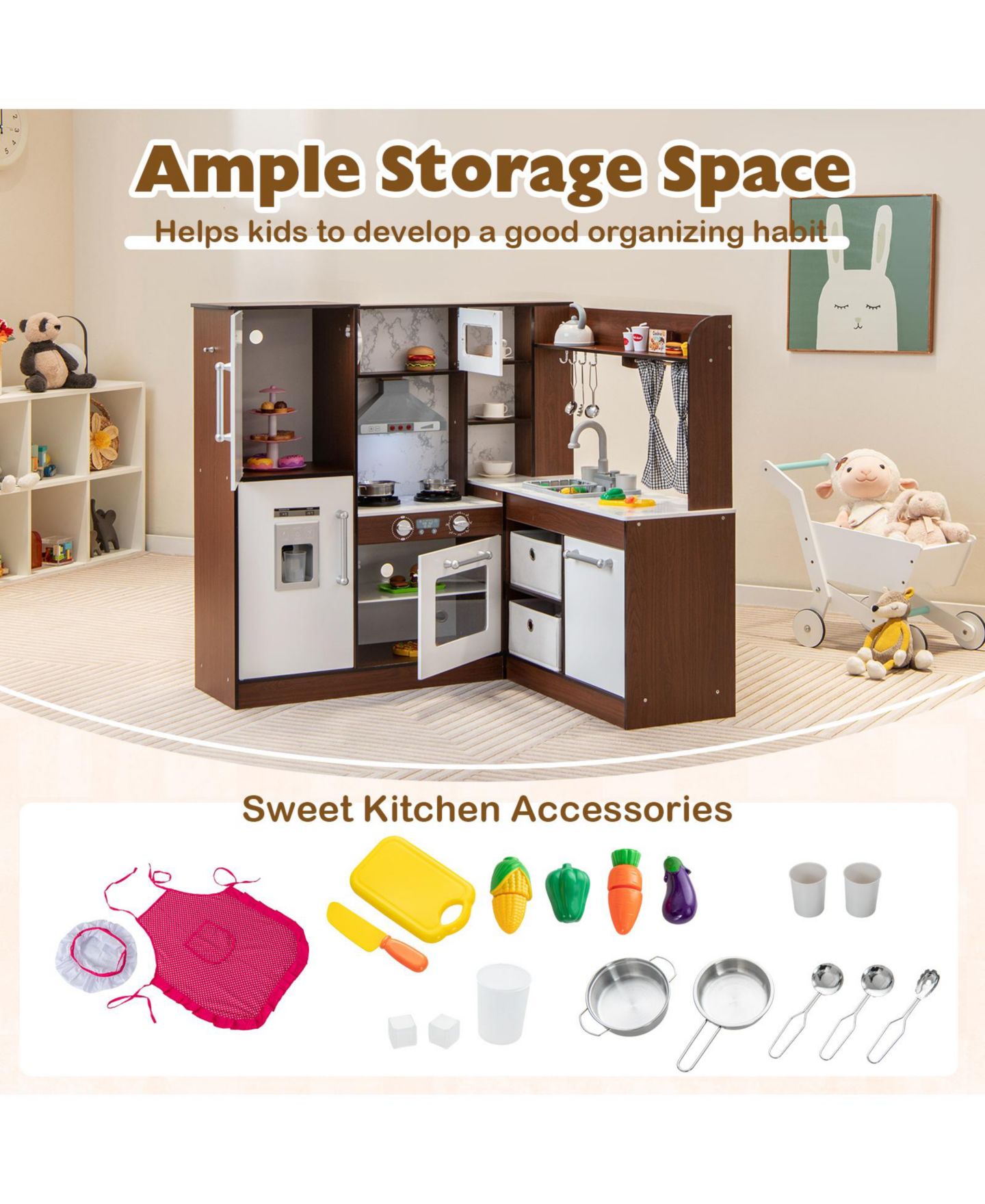 Детская игрушка SKONYON Wooden Corner Water-Circulating Play Kitchen, Ages 3+, цвет: Коричневый — фото 8