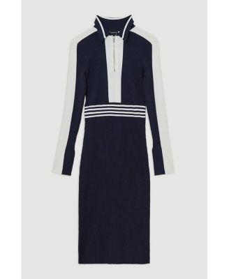 Women's Rib Knit Polo Zip Up Midi Dress