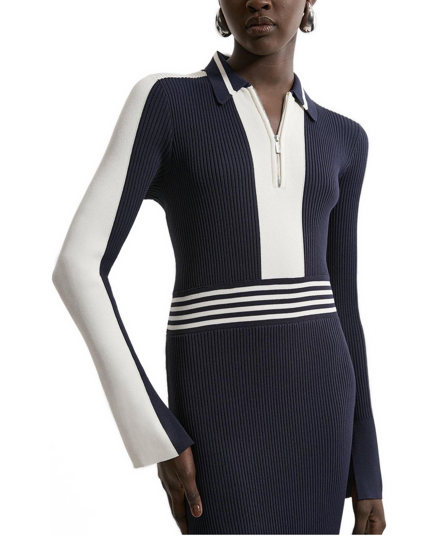Women's Rib Knit Polo Zip Up Midi Dress
