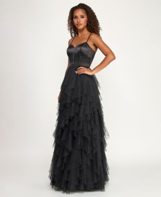 Juniors' Sweetheart-Neck Ruffled Cascade Gown 