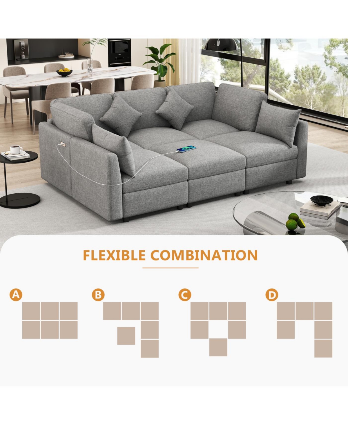 Streamdale Furniture Streamdale Light Grey U-shaped Sectional Sofa with Ottoman & Usb Ports