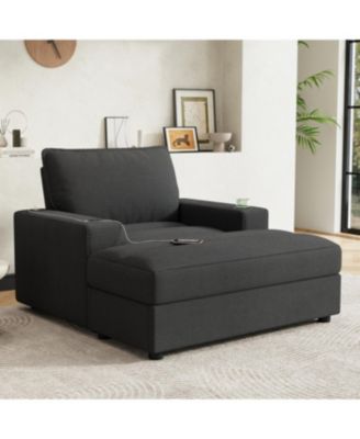 Oversized Corduroy Chaise Lounge with Storage Ottoman, Cup Holders & USB