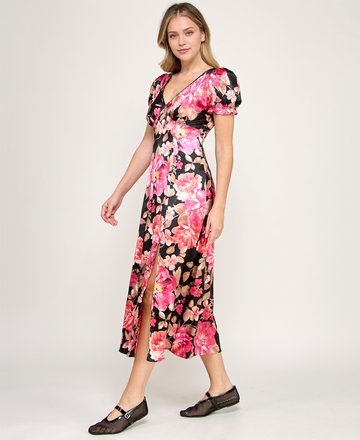 Crystal Doll Women's Printed V-Neck Satin Midi Dress