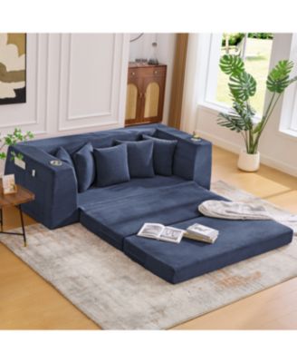 Streamdale Blue Corduroy Convertible Sofa Bed with 5 Pillows, No Assembly